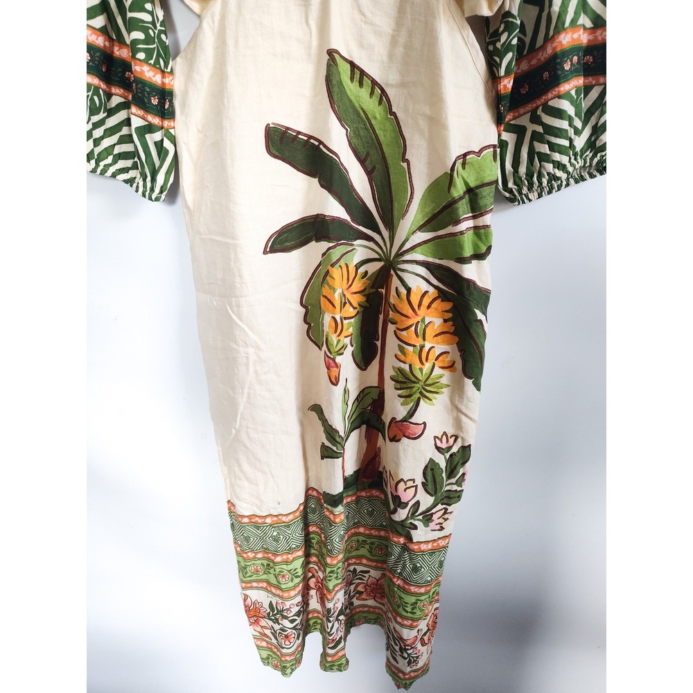 New Farm Rio Maxi Dress Large Palm Linen Blend V-Neck Cutout Puff Sleeve NWT - Picture 11 of 12